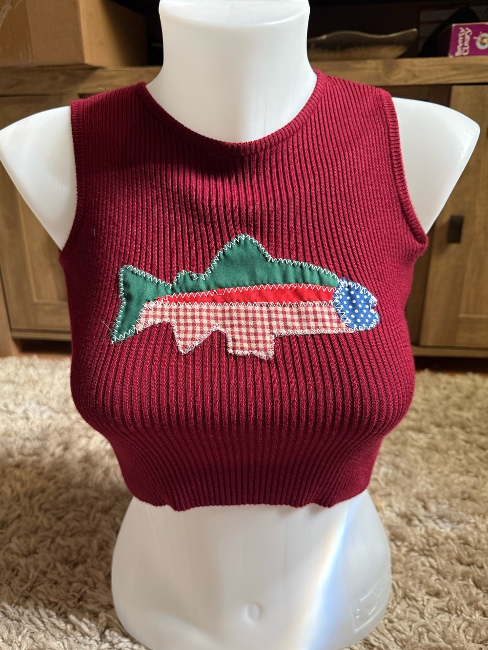 Handmade Upcycled Trout Patchwork Crop Top 🐟 Ribbed Tank